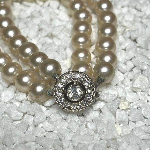 Vintage Double-Strand Faux-Pearl Bracelet with Rhinestone Clasp - Picture 2 of 8